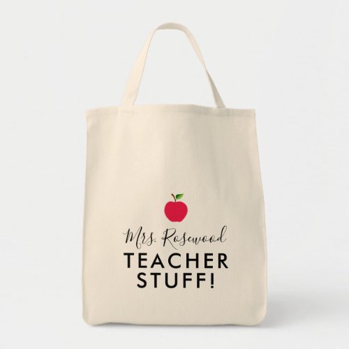 Apple Teacher Stuff Script Name Tote Bag