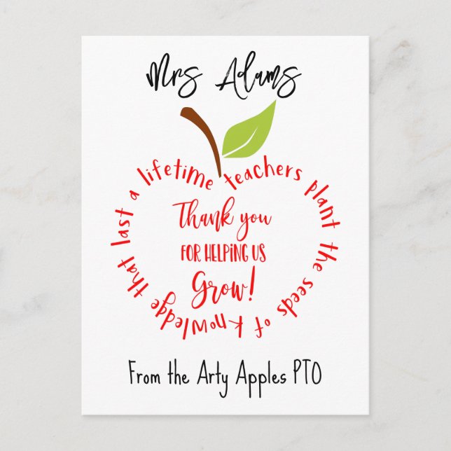 Apple thank you for helping us grow teacher postcard (Front)
