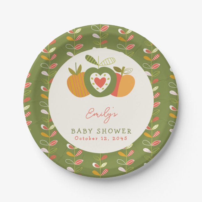 Apple Theme Fall Baby Shower Gender Neutral Green Paper Plates (Front)