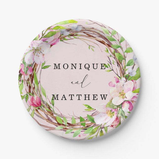 Apple Tree Blossom Wreath Wedding Paper Plates (Front)