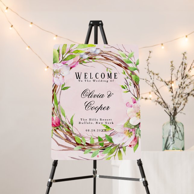 Apple Tree Blossoms Watercolor Wreath Wedding Foam Board (In Situ (Stand))