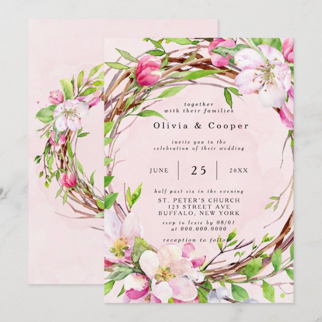 Apple Tree Blossoms Watercolor Wreath Wedding Invitation (Front/Back)