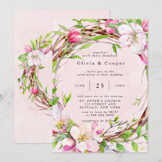 Apple Tree Blossoms Watercolor Wreath Wedding Invitation