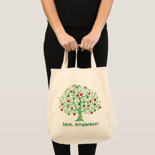 Apple Tree Personalized Name Teacher Gift T_Shirt Tote Bag
