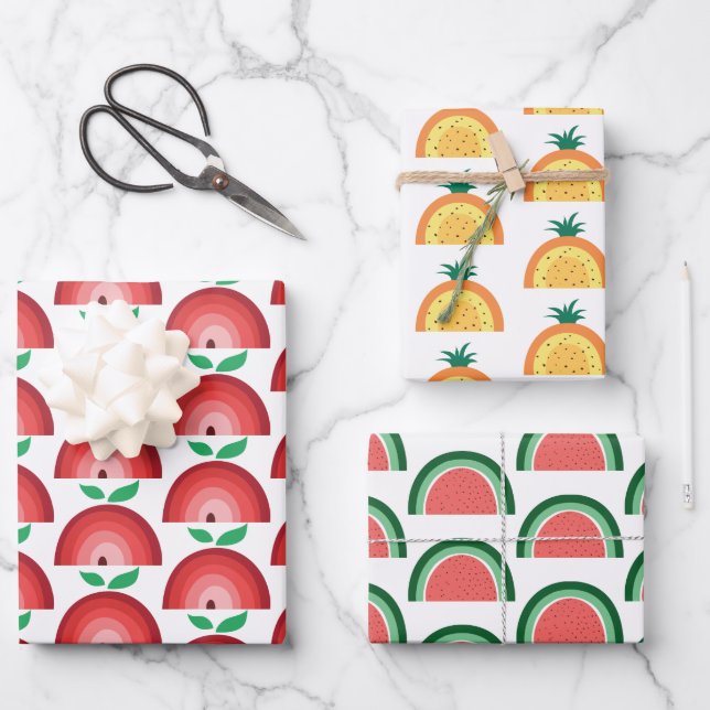 Apple, Watermelon, Pineapple Fruit Rainbows Wrapping Paper Sheets (Front)