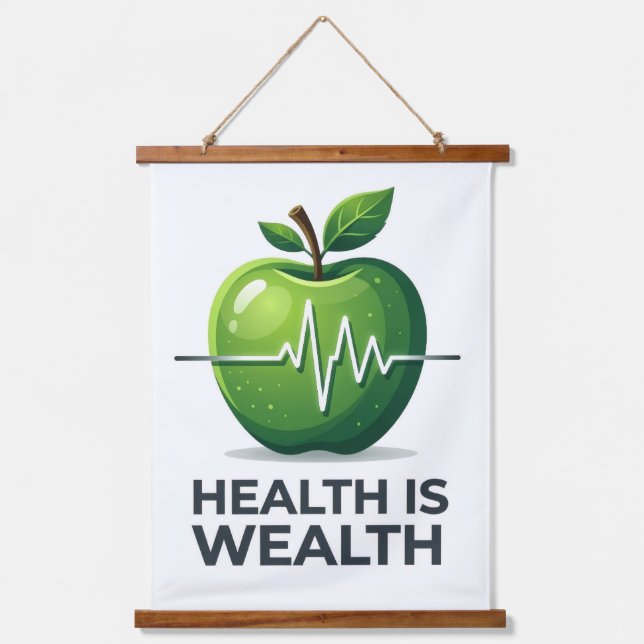 Apple with Heartbeat Pulse and Health is Wealth Hanging Tapestry (Front)