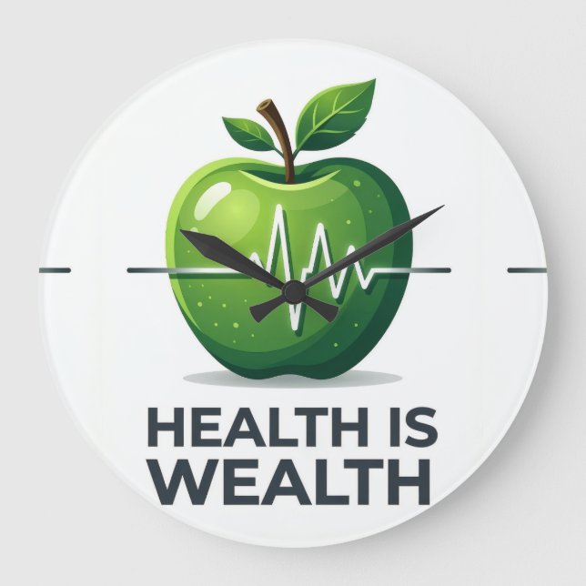 Apple with Heartbeat Pulse and Health is Wealth Large Clock (Front)