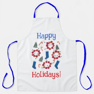 Apple Wreathes Blue Stockings Happy Holidays Apron