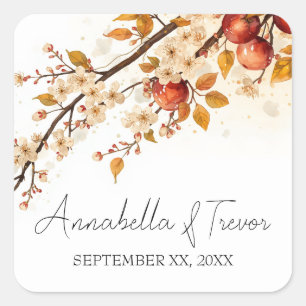 Apples and Blossoms Autumn Wedding Custom Name Square Sticker