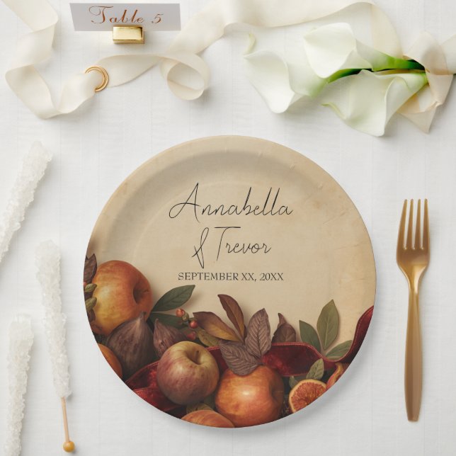 Apples and Figs Rustic Autumn Custom Name Paper Plates (Wedding)