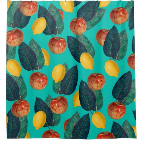 apples and lemons teal shower curtain