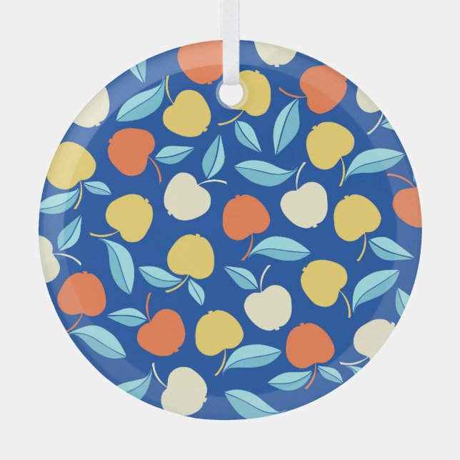 Apples leaves, blue background, seamless pattern. glass ornament (Front)