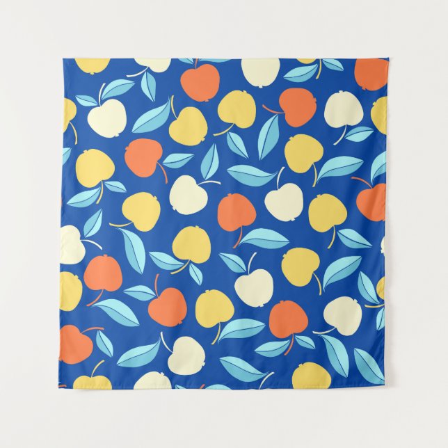 Apples leaves, blue background, seamless pattern. tapestry (Front)