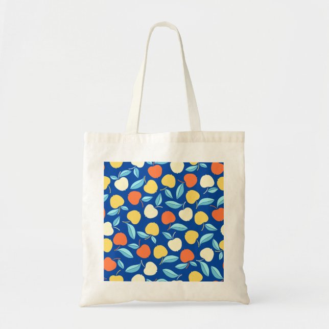 Apples leaves, blue background, seamless pattern. tote bag (Front)