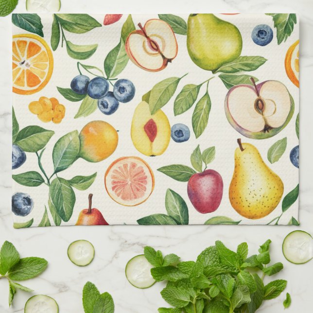 Apples Pears Blueberries Oranges Lemon Lime Fruits Kitchen Towel (Folded)