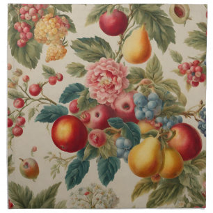 Apples, Pears, Grapes, Pink Flower. French Painted Cloth Napkin