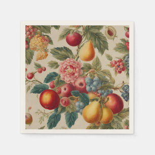 Apples, Pears, Grapes, Pink Flower. French Painted Napkins