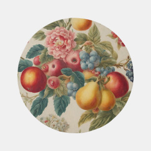 Apples, Pears, Grapes, Pink Flower. French Painted Outdoor Rug