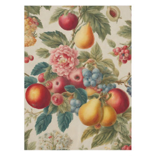 Apples, Pears, Grapes, Pink Flower. French Painted Tablecloth