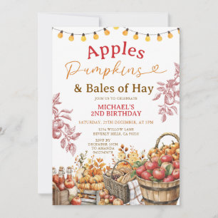 Apples Pumpkins and Bales of Hay Birthday Autumn Invitation