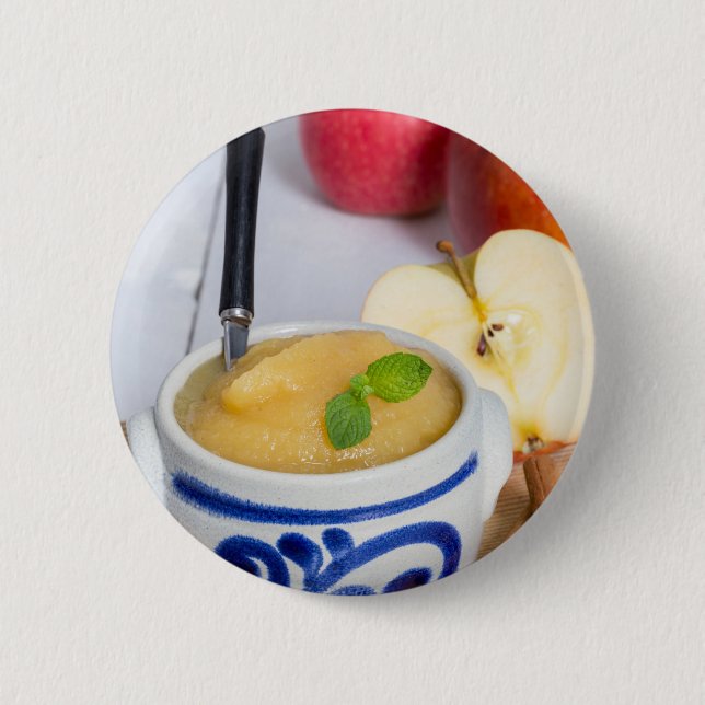 Applesauce with cinnamon in stoneware bowl button (Front)