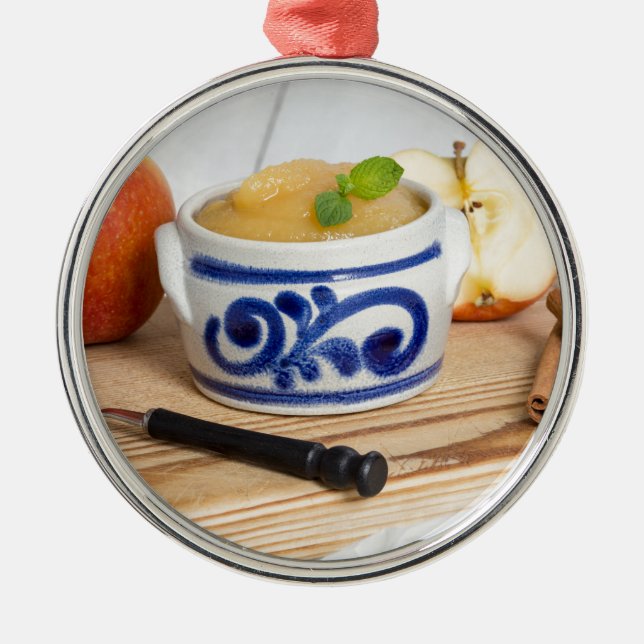 Applesauce with cinnamon in stoneware bowl metal ornament (Front)