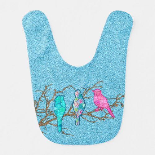 Applique Birds on a Branch Sky Blue Multi Bib