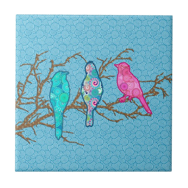 Applique Birds on a Branch, Sky Blue Multi Ceramic Tile (Front)