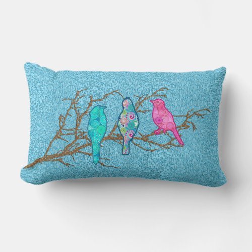 Applique Birds on a Branch Sky Blue Multi Lumbar Pillow