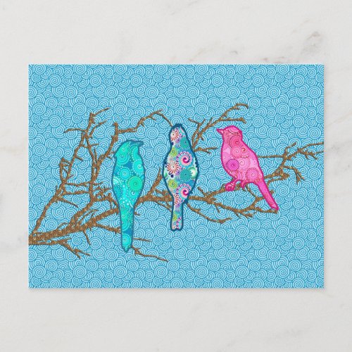 Applique Birds on a Branch Sky Blue Multi Postcard