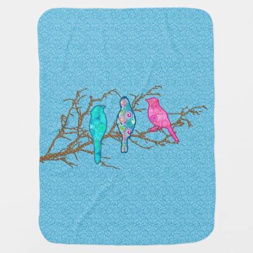 Applique Birds on a Branch Sky Blue Multi Swaddle Blanket
