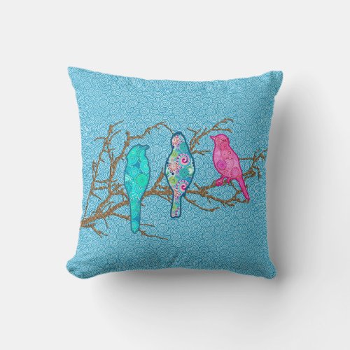Applique Birds on a Branch Sky Blue Multi Throw Pillow