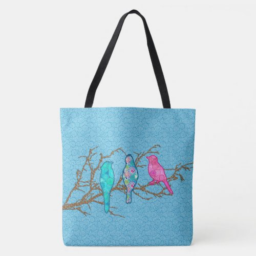 Applique Birds on a Branch Sky Blue Multi Tote Bag