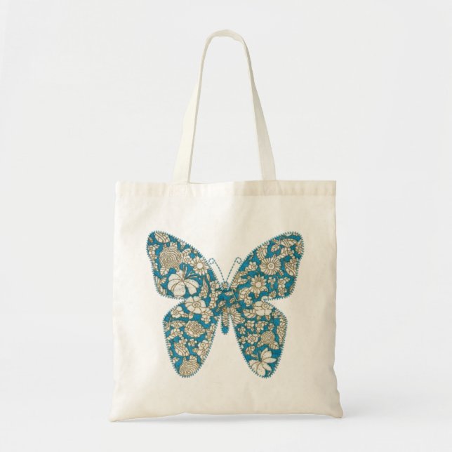 Applique fabric butterfly floral blue tote bag (Front)