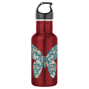 Applique fabric butterfly floral blue water bottle