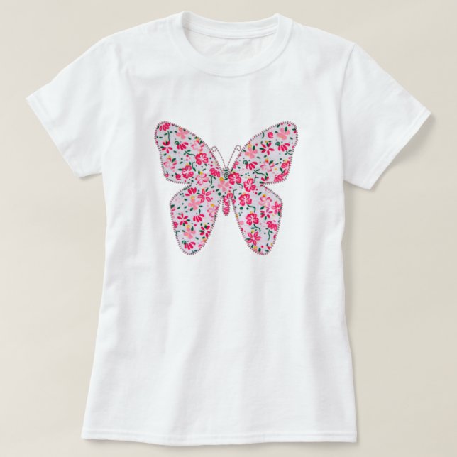 Applique fabric butterfly floral pink T-Shirt (Design Front)