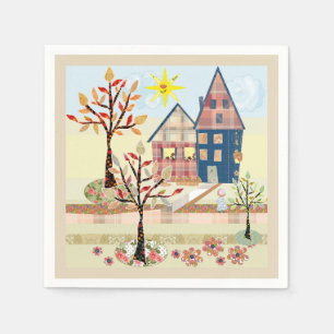 Applique, houses, village napkins