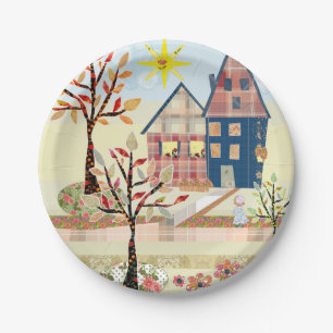 Applique, houses, village, patchwork, quilting, fl paper plates