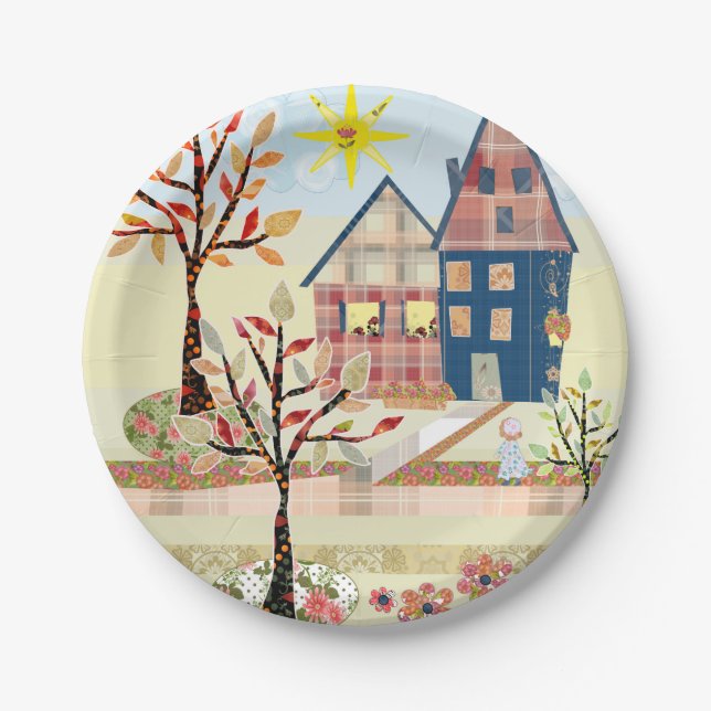Applique, houses, village, patchwork, quilting, fl paper plates (Front)