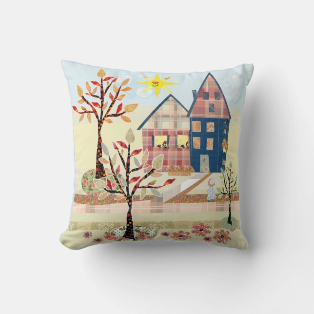 Applique, houses, village, patchwork, quilting, fl throw pillow (Front)