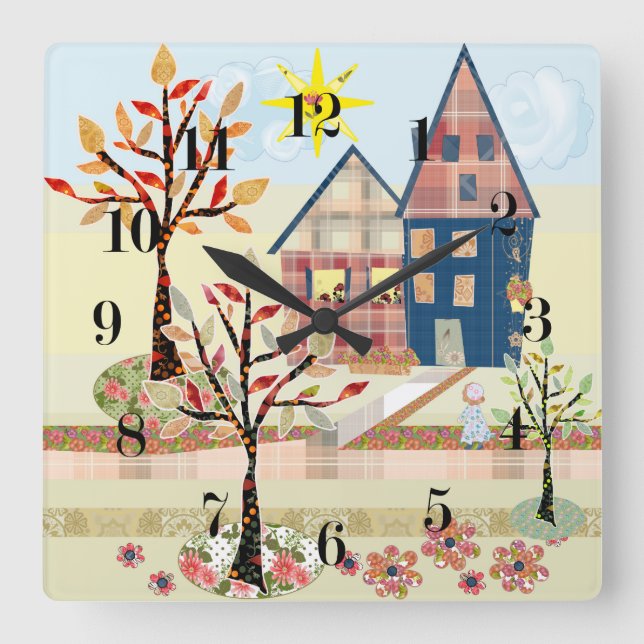 Applique, houses, village square wall clock (Front)