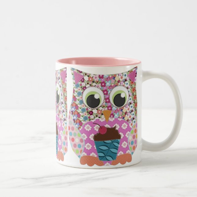 Appliqué Patch Pink Owl Two-Tone Coffee Mug (Right)