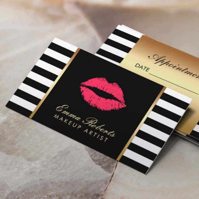 Appointment Makeup Artist Red Lips Modern Stripes Card (Creator Uploaded)