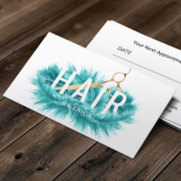 Appointment Modern Teal Feather Gold Scissor Hair Business Card