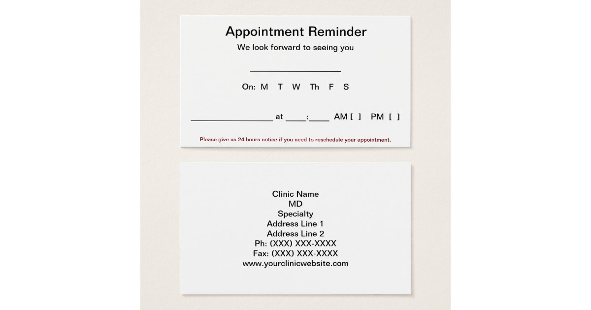 Appointment Reminder Cards (100 packWhite) Zazzle