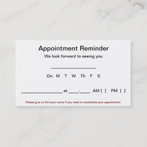 Appointment Reminder Cards (100 pack-White) Business Card Templates