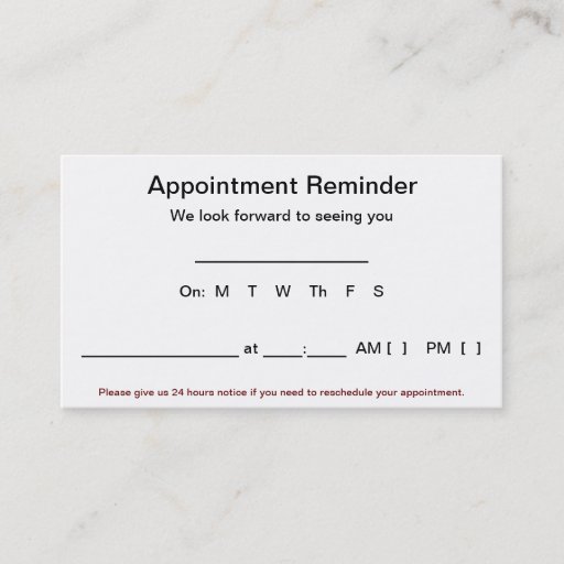Customizable Appointment Reminder Cards (100 pack-White) Business Card Templates