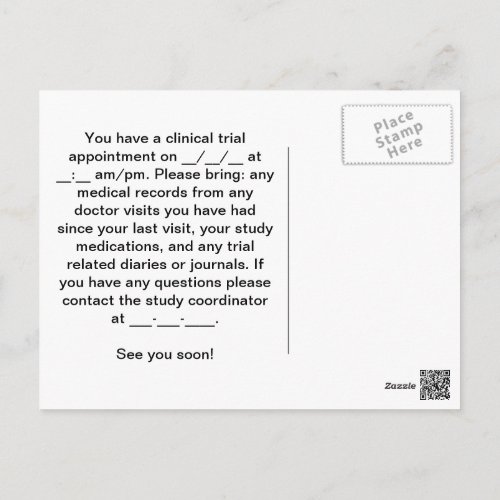 Appointment reminder for clinical trial postcard