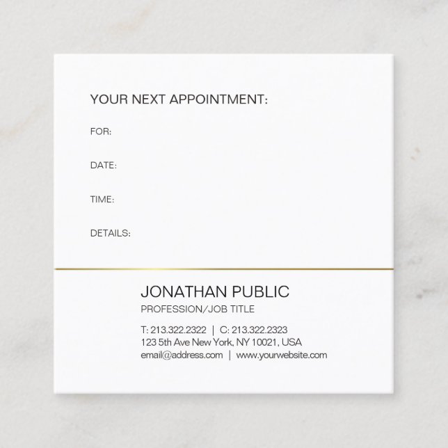 Appointment Reminder Gold White Elegant Design Card (Front)