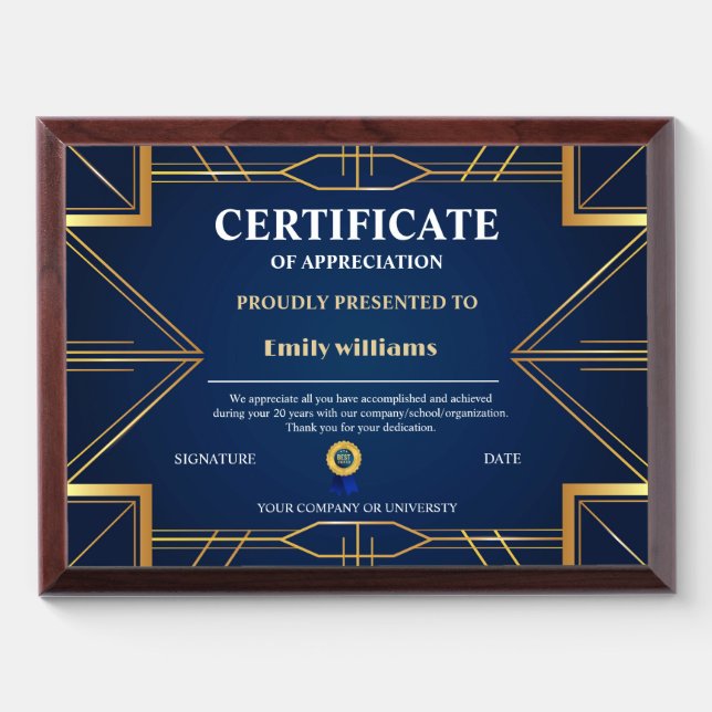 Appreciation Achievement Gold Blue Certificate Awa Award Plaque (Horizontal)